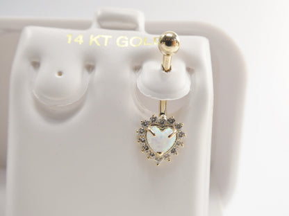 14k Real Solid Yellow Gold Heart Opal Belly Button Ring Piercing