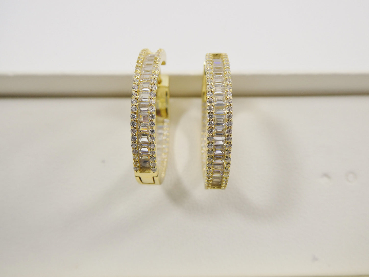 real 925 sterling silver 14k yellow gold color finish baguette setting earrings
