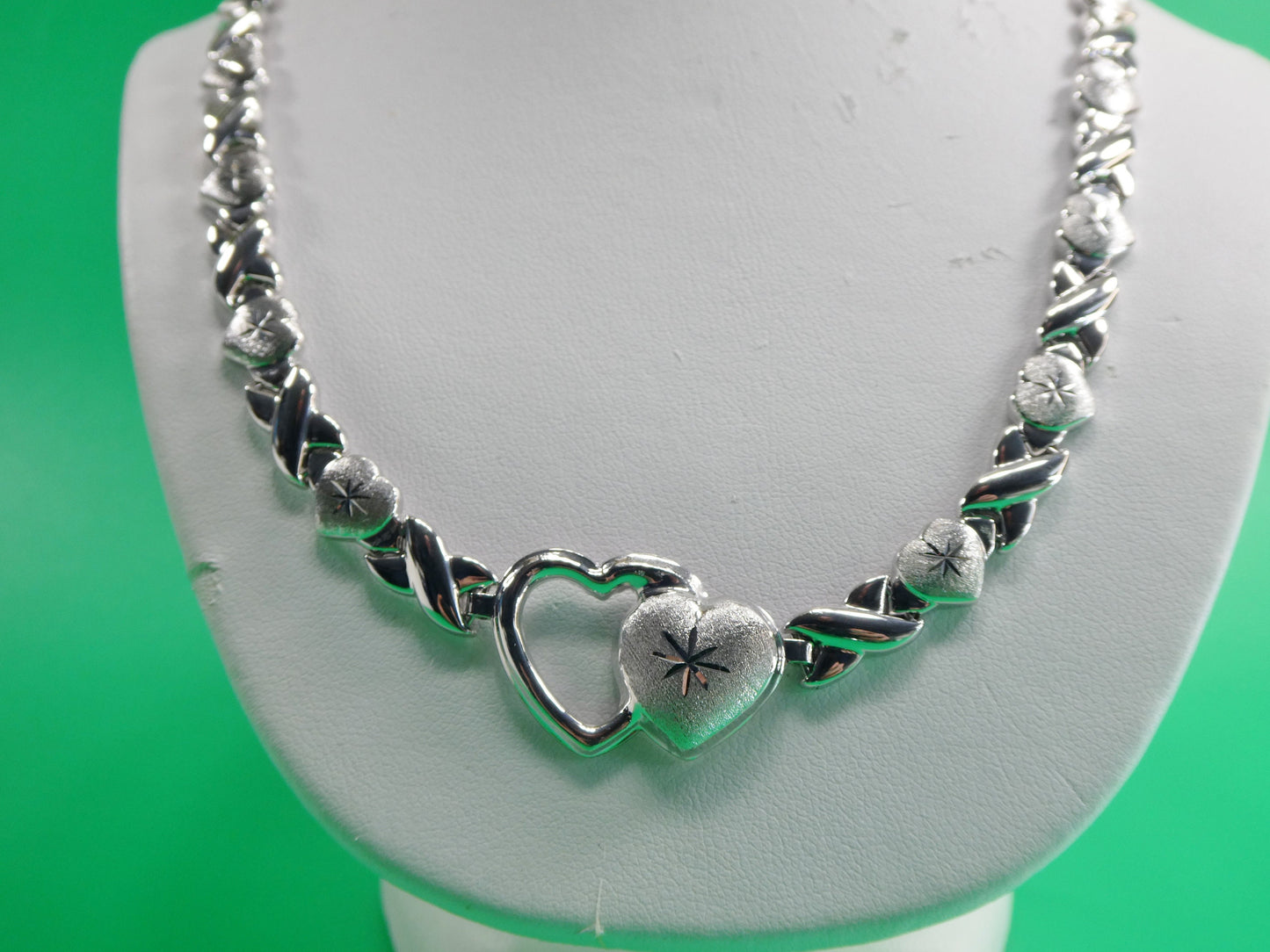 925 real sterling silver double heart set necklace and bracelet hugs and kisses stampato 14k white gold tone color