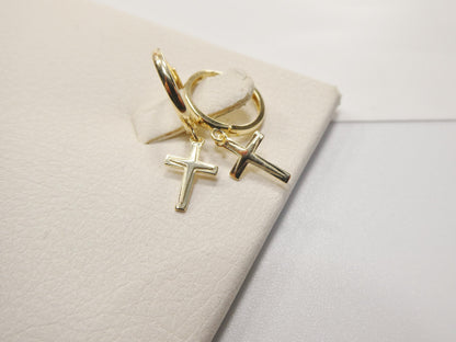 Real 10k Solid Yellow Gold Cross Dropping Hoop Huggie Earrings