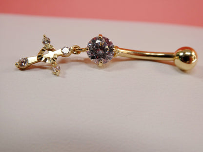 14k Real Solid Yellow Gold Dangling Cross Belly Button Ring Piercing