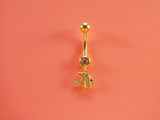 14k real solid yellow gold fish dangling belly button ring piercing