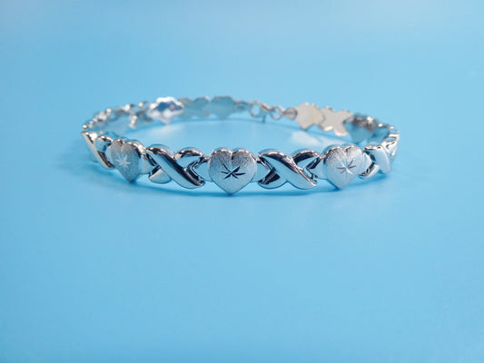 8 inch xoxo heart stampato bracelet 14k white gold color finish over real 925 sterling silver