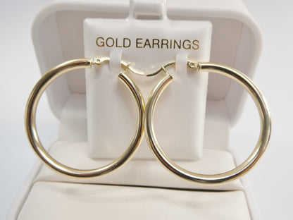 Real 10k Solid Yellow Gold Plain High Polish 35 mm Hoop Huggie Earrings