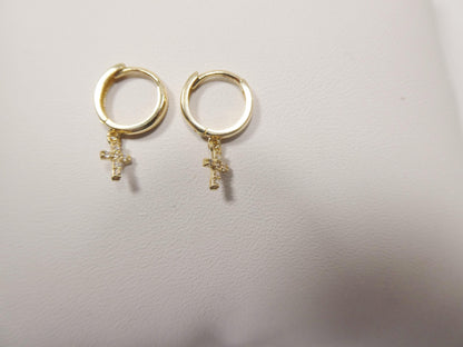Real 10k Solid Yellow Gold Cross Dropping Hoop Huggie Earrings