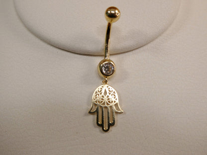14k Real Solid Yellow Gold Dangling Hamsa Hand Belly Button Ring Piercing