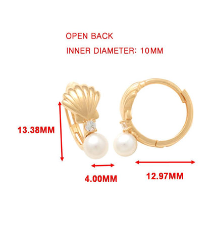 Real 10k Solid Yellow Gold Shell Cultured Freshwater Pearl Plain Hoop Huggie Earrings