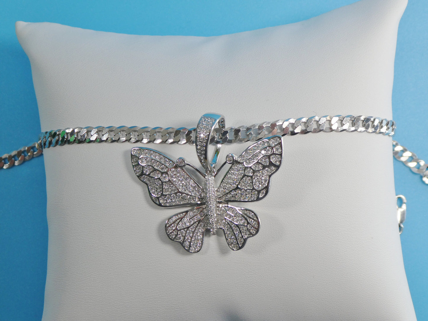 14k white gold color tone chain and large butterfly charm pendent over real 925 sterling silver