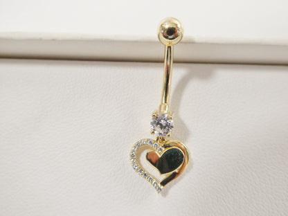 14k Real Solid Yellow Gold Heart Dangling Belly Button Ring Piercing