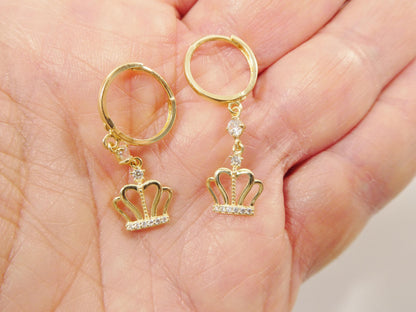 Real 10k Solid Yellow Gold Crown Hoop Huggie Earring