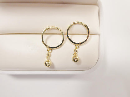 Real 10k Solid Yellow Gold Ball Drop Hoop Huggie Earrings