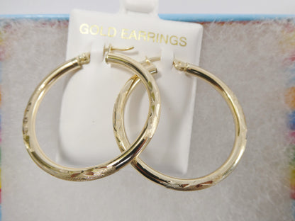 10k Real Solid Yellow Gold Diamond Cut Hoop Earrings