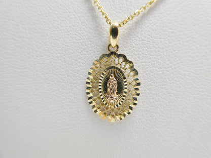 10k Real Solid Yellow Gold Guadalupe Pendent and 18 Inch Cable Necklace