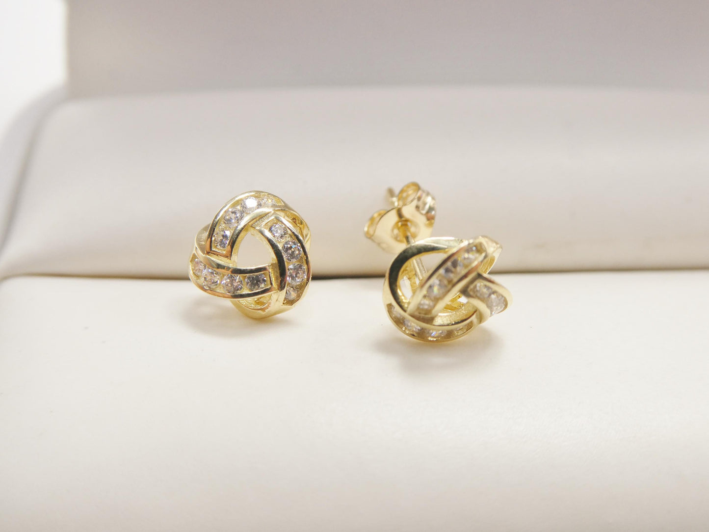 real 10k solid yellow gold push post full stone setting love knot stud earrings