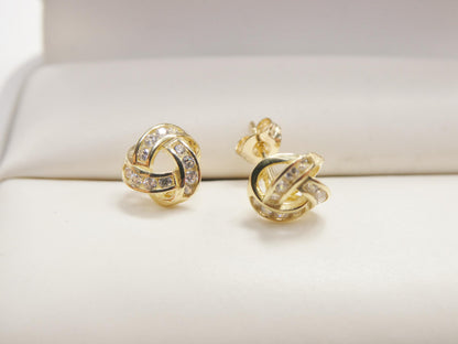 Real 10k Solid Yellow Gold Push Post Full Stone Setting Love Knot Stud Earrings