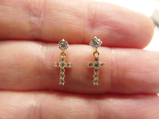 real 10k solid yellow gold cross dropping push post earrings