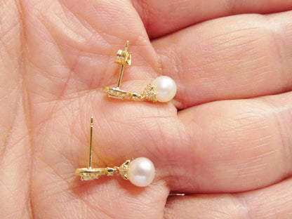 Real 10k Solid Yellow Gold Cultured Freshwater Pearl Push Post Earrings