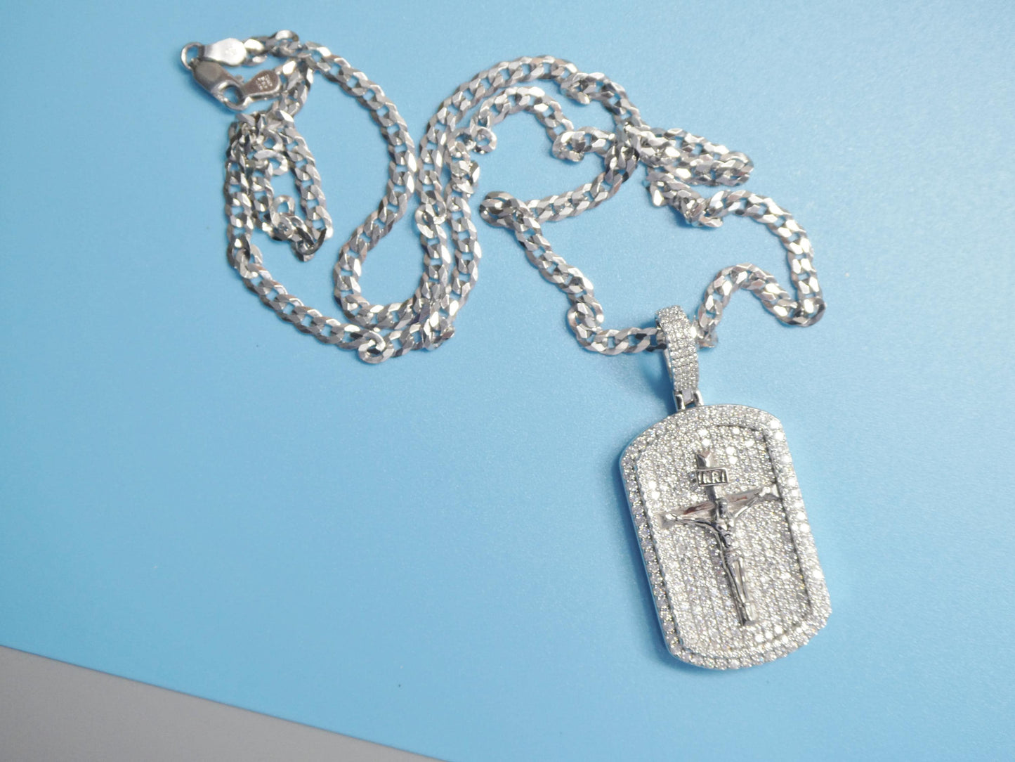 real 925 sterling silver 22 inch flat chain and moissanite cross medallion pendent charm