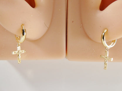 Real 10k Solid Yellow Gold Cross Dropping Hoop Huggie Earrings