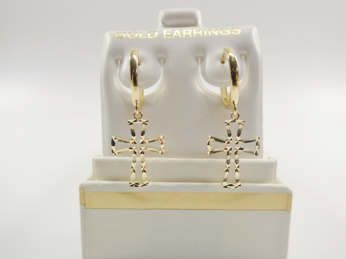 10k real yellow gold cross dangle plain huggie earrings
