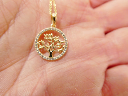 14k Real Solid Yellow Gold Tree of Life Pendant And Cable Necklace