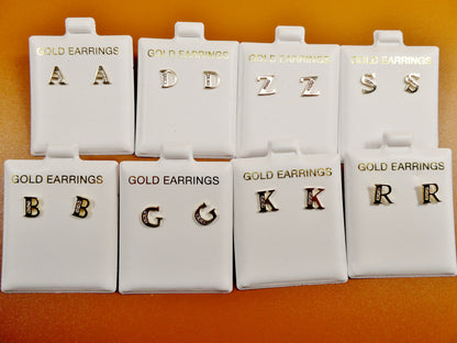 10K Real Solid Yellow Gold Alphabet Initial Push Back Stud Earrings