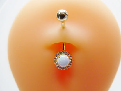 14k Real Solid Yellow Gold Circle Opal Belly Button Ring Piercing