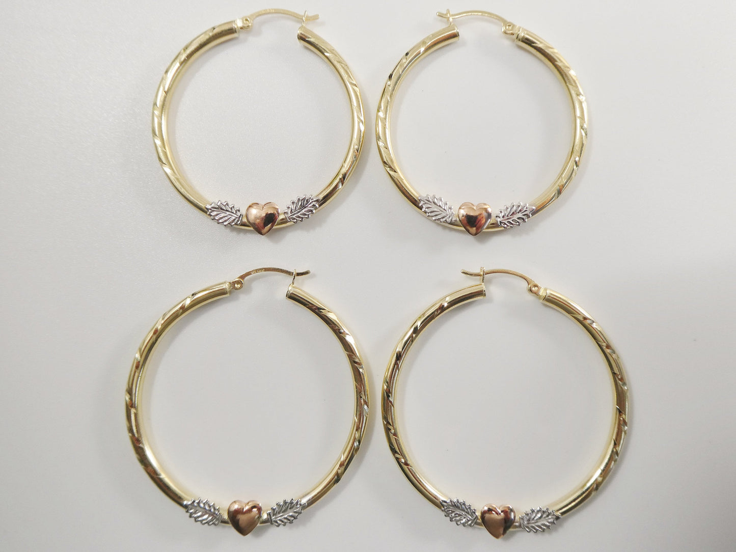 14K Solid Gold Hoop Earrings: Tri-Color Heart Center, 3mm