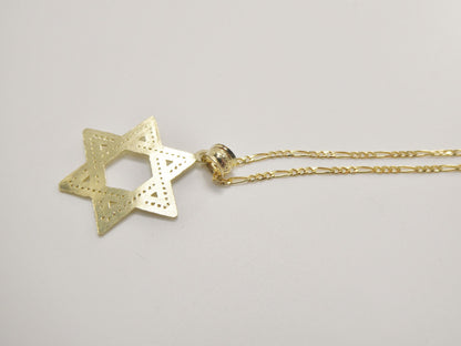 10k Yellow Gold Star of David Pendant Necklace: 18 inch Figaro Chain