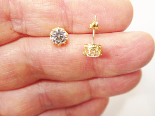 real 10k solid yellow gold crown style push post circle stud earrings