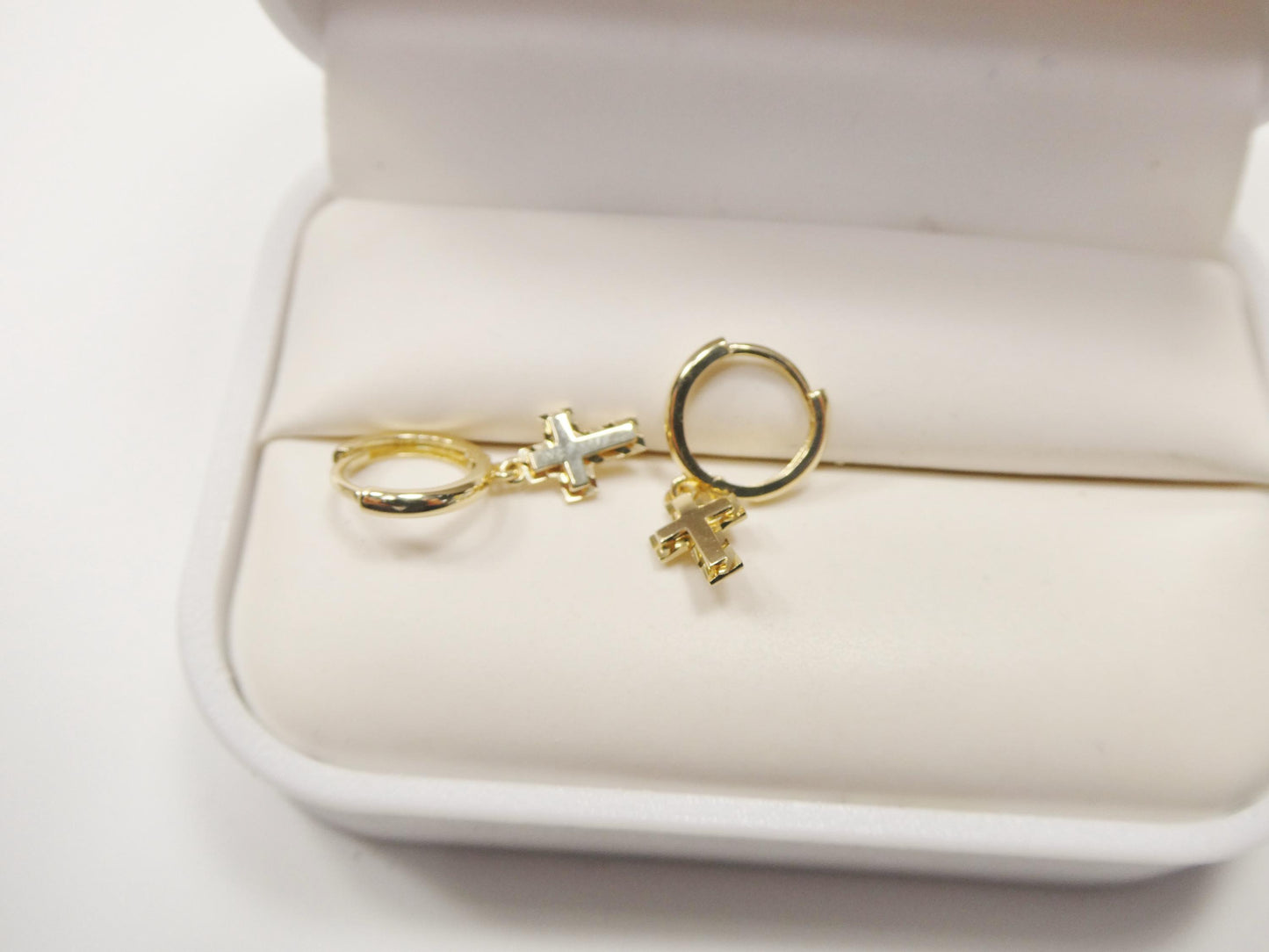 real 10k solid yellow gold cross dropping hoop huggie earring