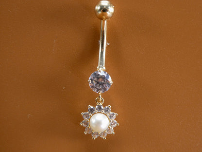 14k Real Solid Yellow Gold Dangling Freshwater Real Pearl Belly Button Ring Piercing