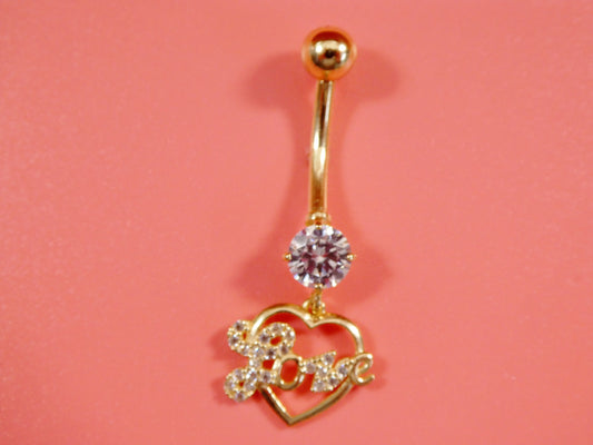 14k real solid yellow gold dangling love heart belly button ring piercing