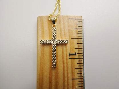 14k Real Solid Yellow Gold Diamond Cut Cross Pendent and Robe Necklace