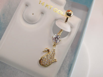 14k Real Solid Yellow Gold Dangling Duck Belly Button Ring Piercing