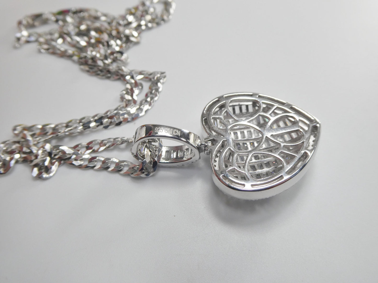 Sterling Silver Heart Pendant Necklace: Cuban Chain, Cubic Zirconia