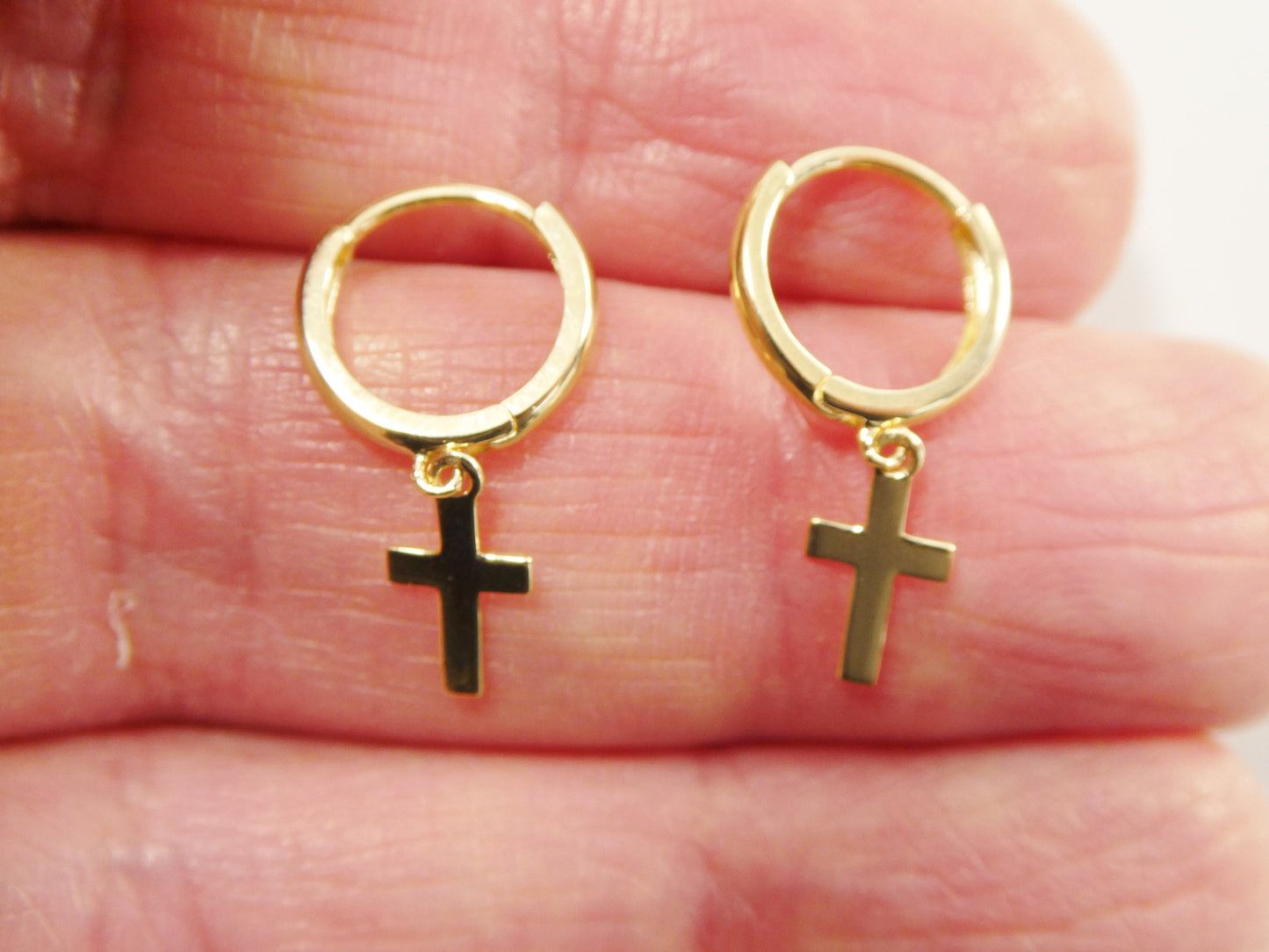 real 10k solid yellow gold hoop huggie dangle plain cross earrings