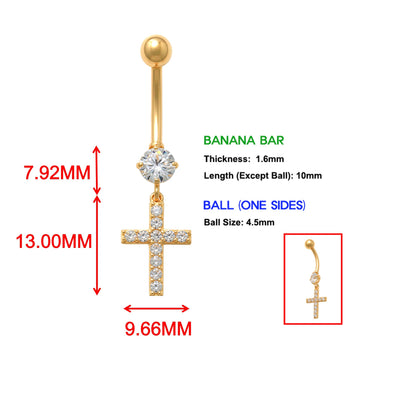 14k Real Solid Yellow Gold Dangling Cross Belly Button Ring Piercing