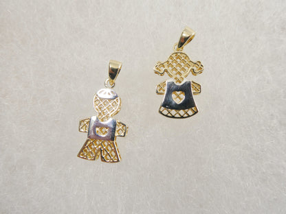 14k Real Solid Yellow Gold Two Tone Boy Girl Charm Pendent