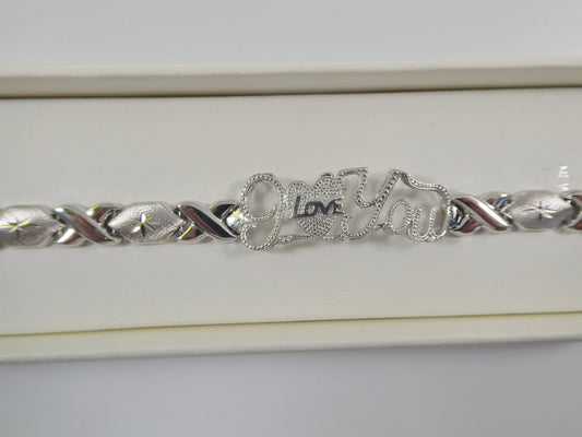 Sterling Silver I Love You XO Bracelet - 14k White Gold Finish