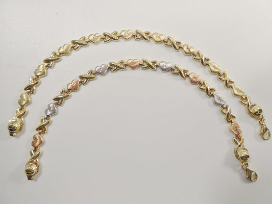 14k real solid yellow gold xo heart 7.25 inch bracelet