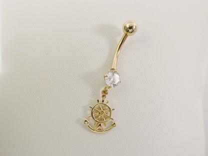 14k Real Solid Yellow Gold Dangling Steering Wheel Anchor Belly Button Ring Piercing