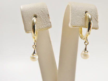 Real 10k Solid Yellow Gold Dangling Cultured Freshwater Pearl Plain Hoop Huggie Earrings