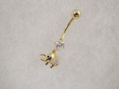 14k Real Solid Yellow Gold Elephant Dangling Belly Button Ring Piercing