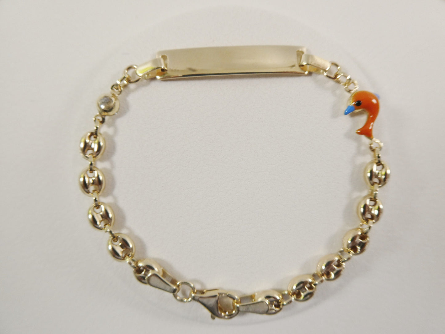 14k Yellow Gold Baby ID Bracelet: Enamel Dolphin Mariner Chain, 6 Inch