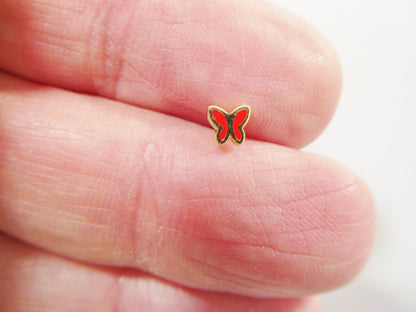 14k Real Solid Yellow Gold Red Butterfly Enamel Stud Nose Ring