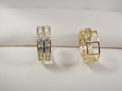 Real 10k Solid Yellow Gold 2 Line Prong Setting Huggie Hoop 13mm Earrings