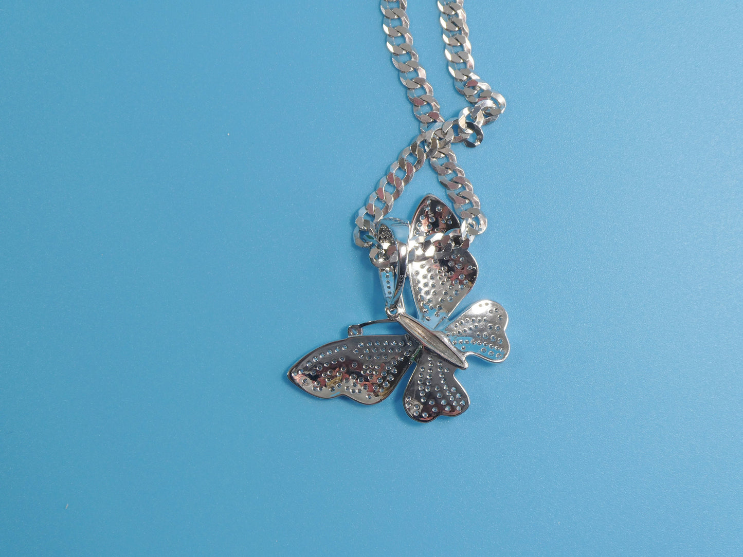 14k white gold color tone chain and large butterfly charm pendent over real 925 sterling silver