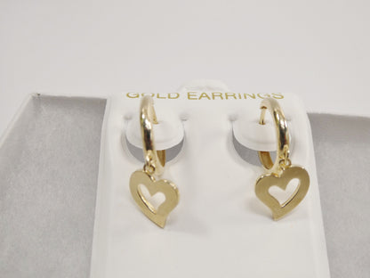 Real 10k Solid Yellow Gold Plain Heart Dangle Hoop Huggie Earrings
