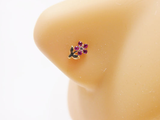 14k real solid yellow gold red stone leaf flower stud nose ring